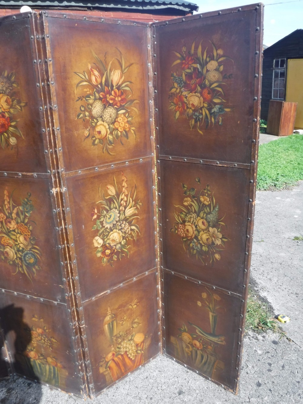 Early 20th century painted 4 fold leather screen View II