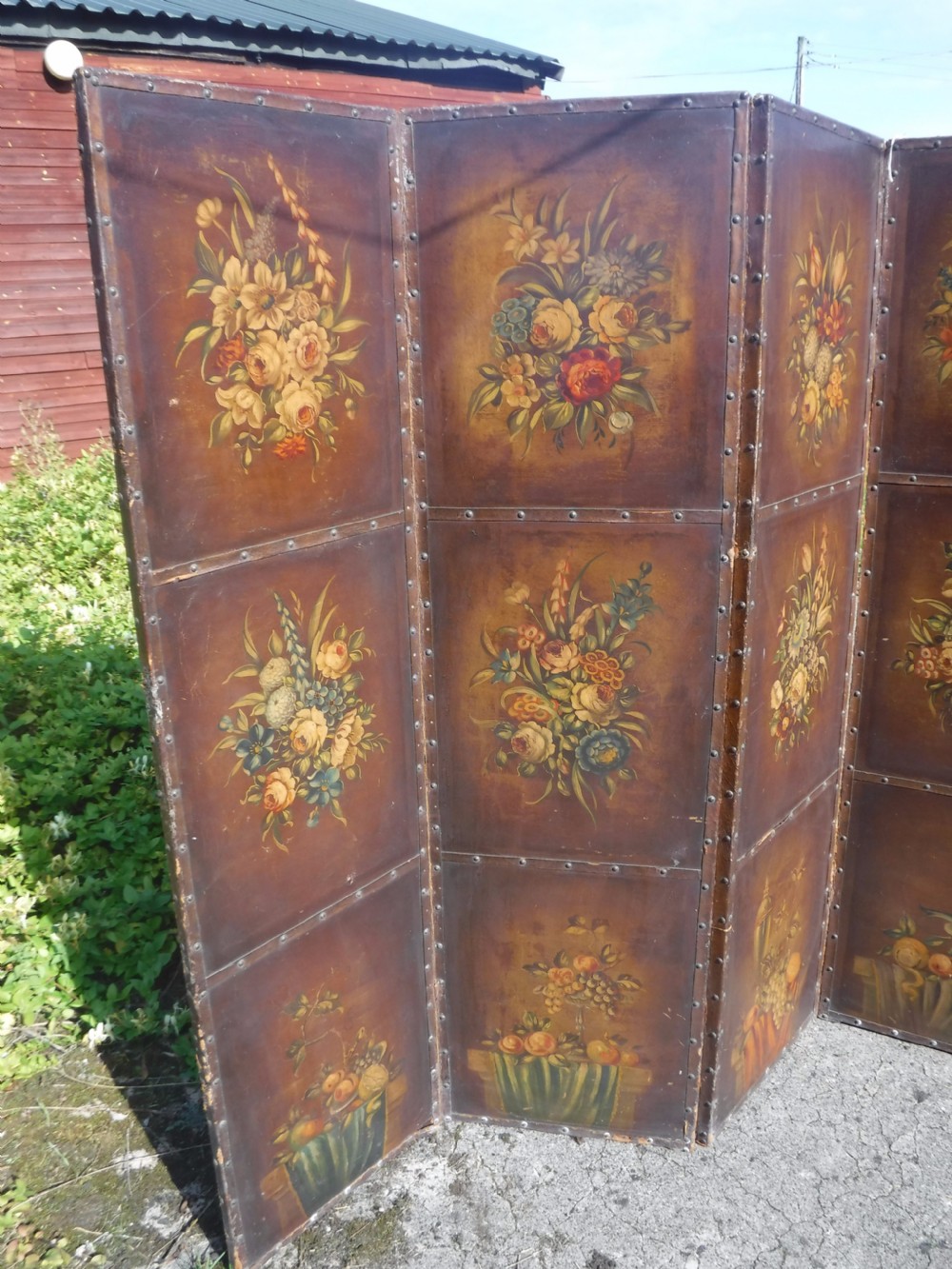 Early 20th century painted 4 fold leather screen View III