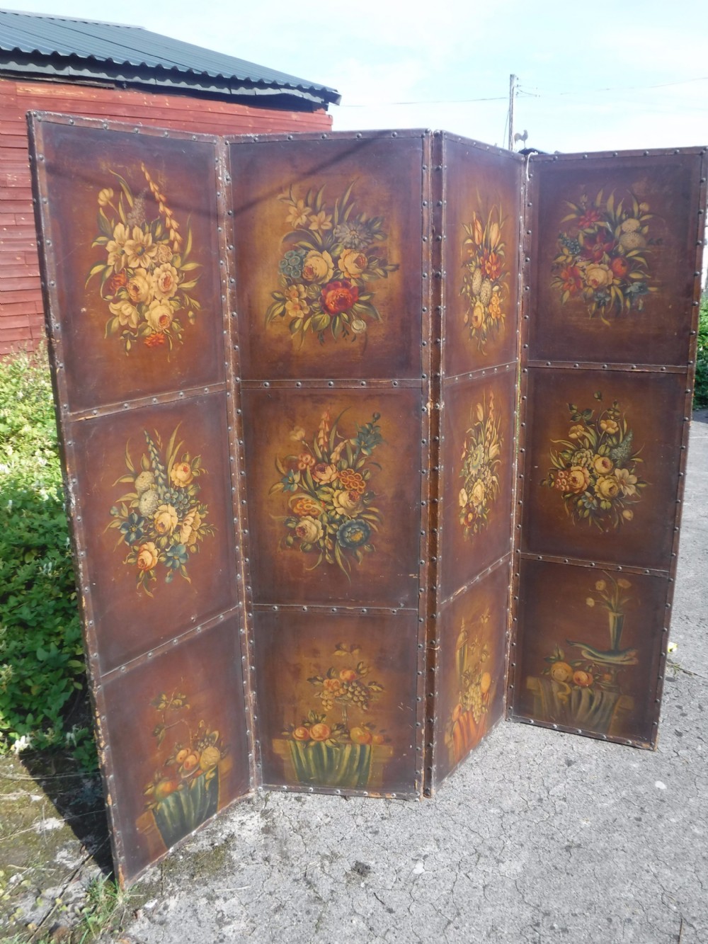 Early 20th century painted 4 fold leather screen View IV
