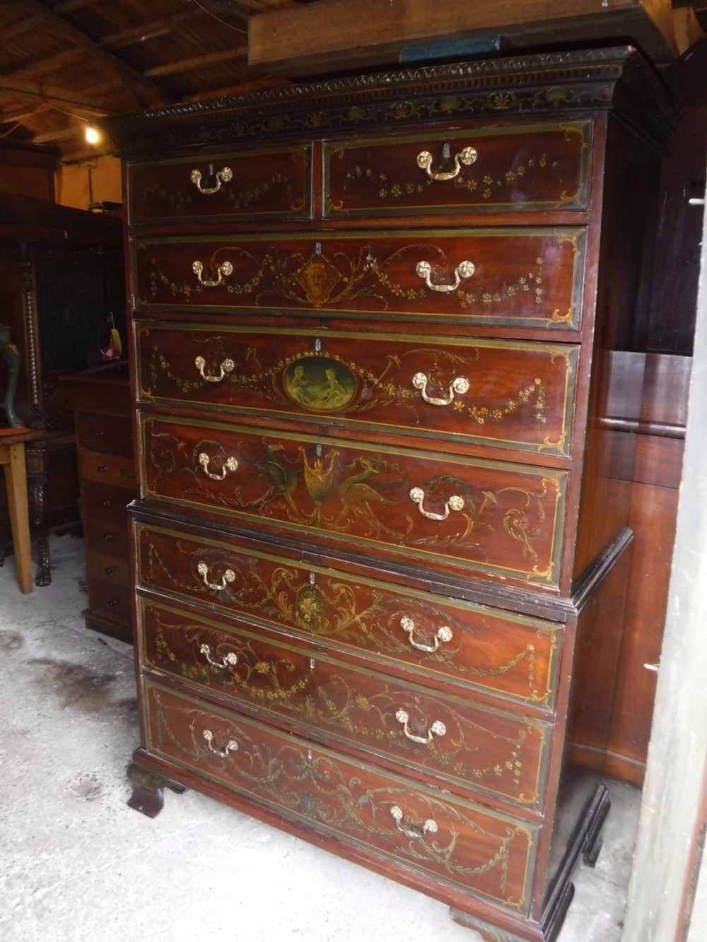 Late Georgian mahogany chest on chest with later painted decoration.