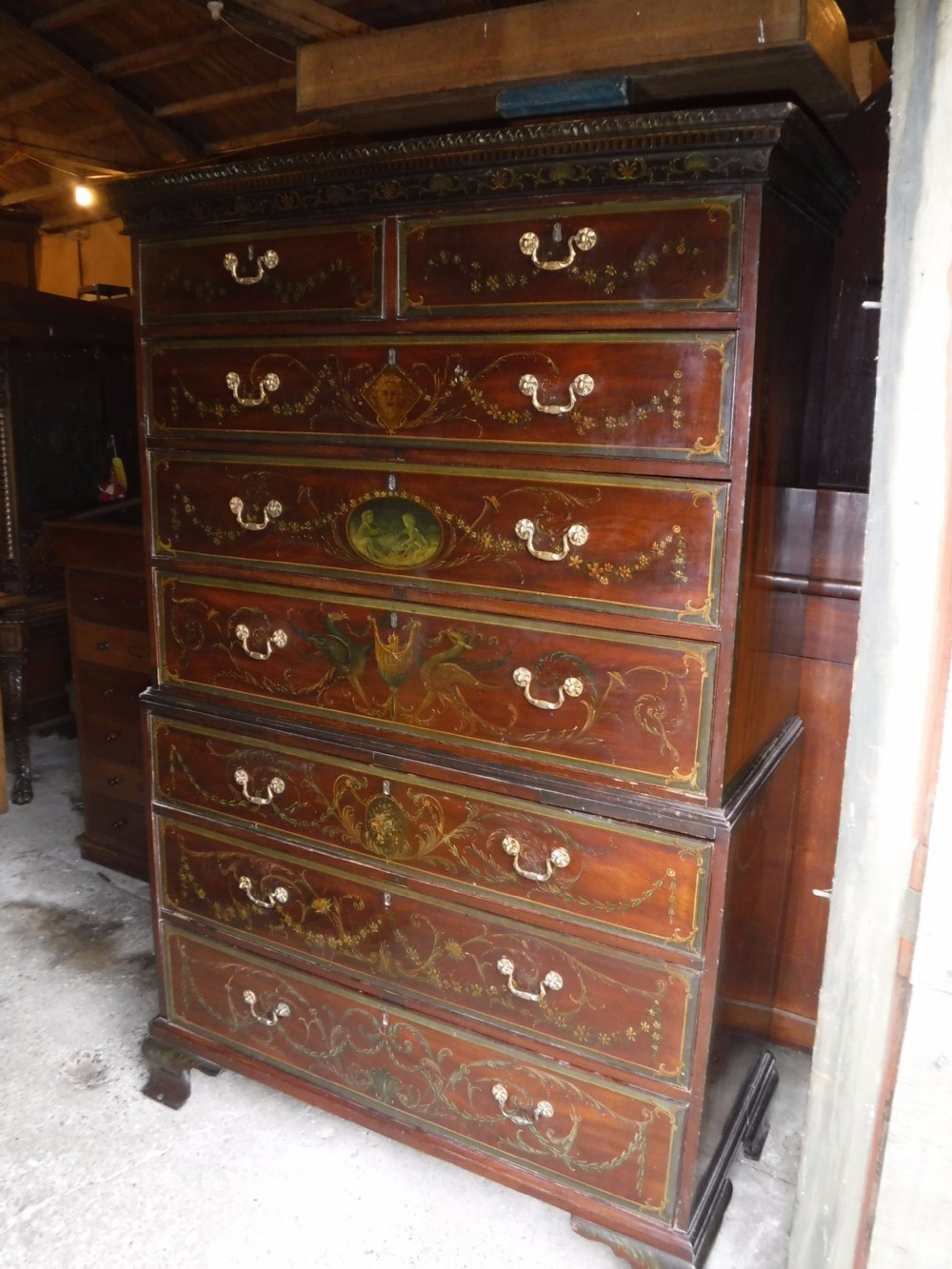 Late Georgian mahogany chest on chest with later painted decoration. View II