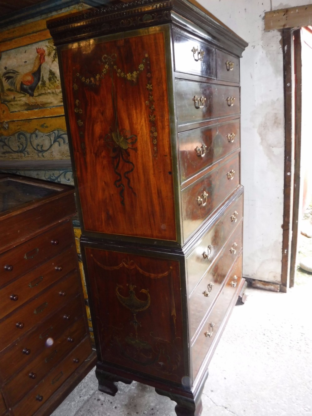 Late Georgian mahogany chest on chest with later painted decoration. View IV
