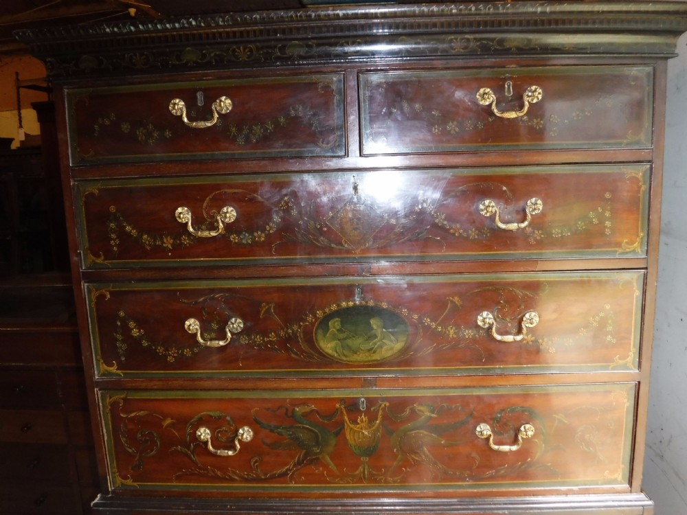 Late Georgian mahogany chest on chest with later painted decoration. View V