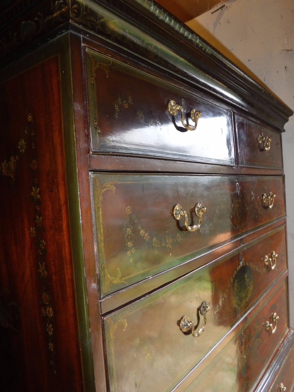 Late Georgian mahogany chest on chest with later painted decoration. View VII