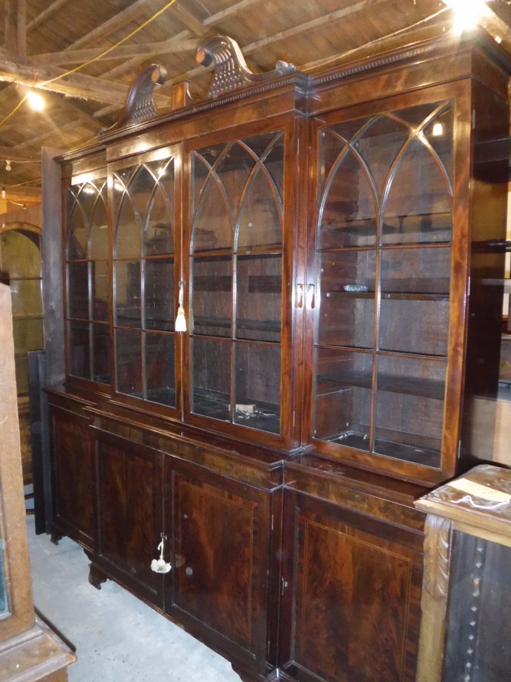 Early 20th century inlaid mahogany breakfront bookcase View III