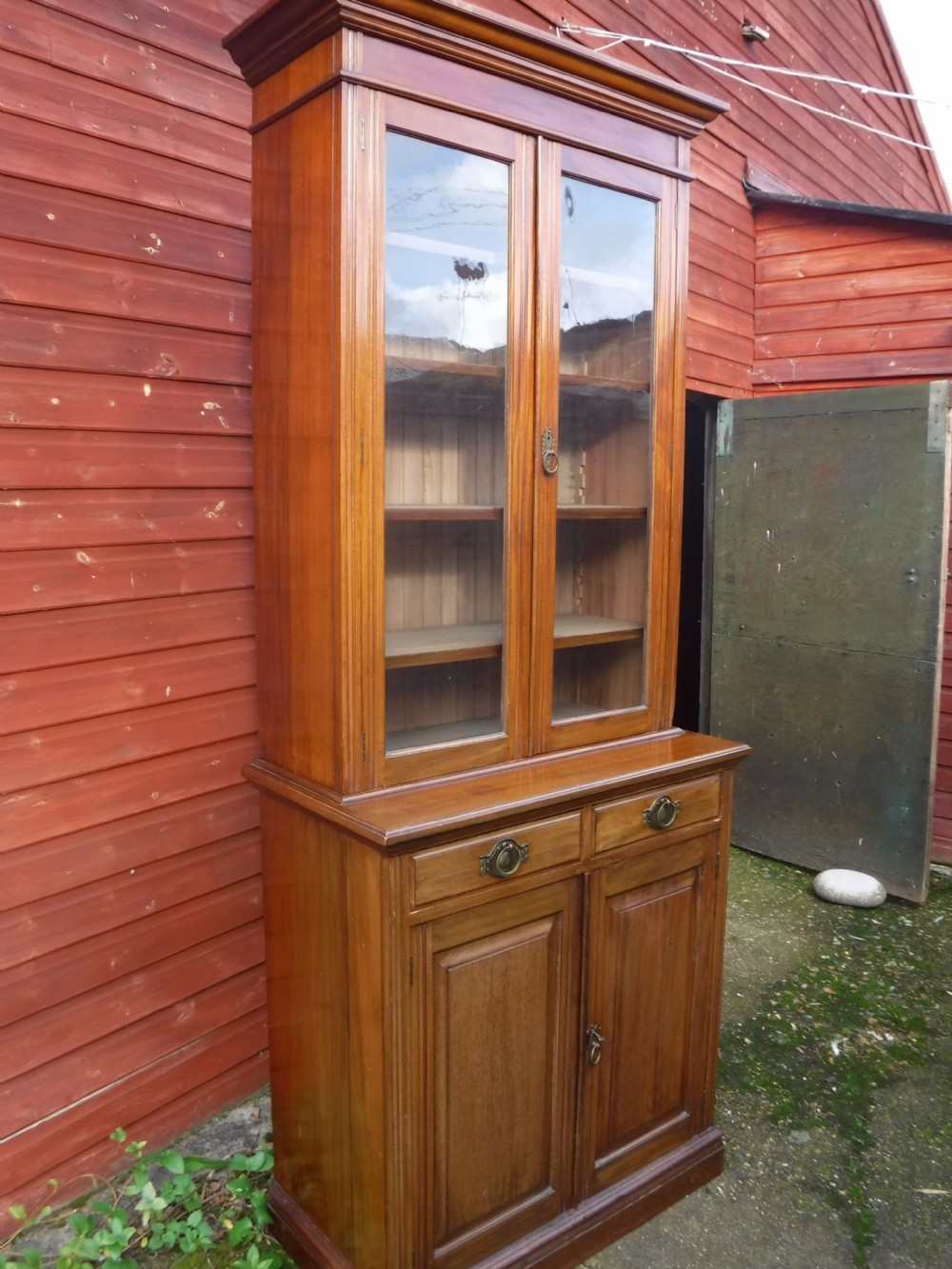 Heals of London walnut 2 part Edwardian bookcase cabinet