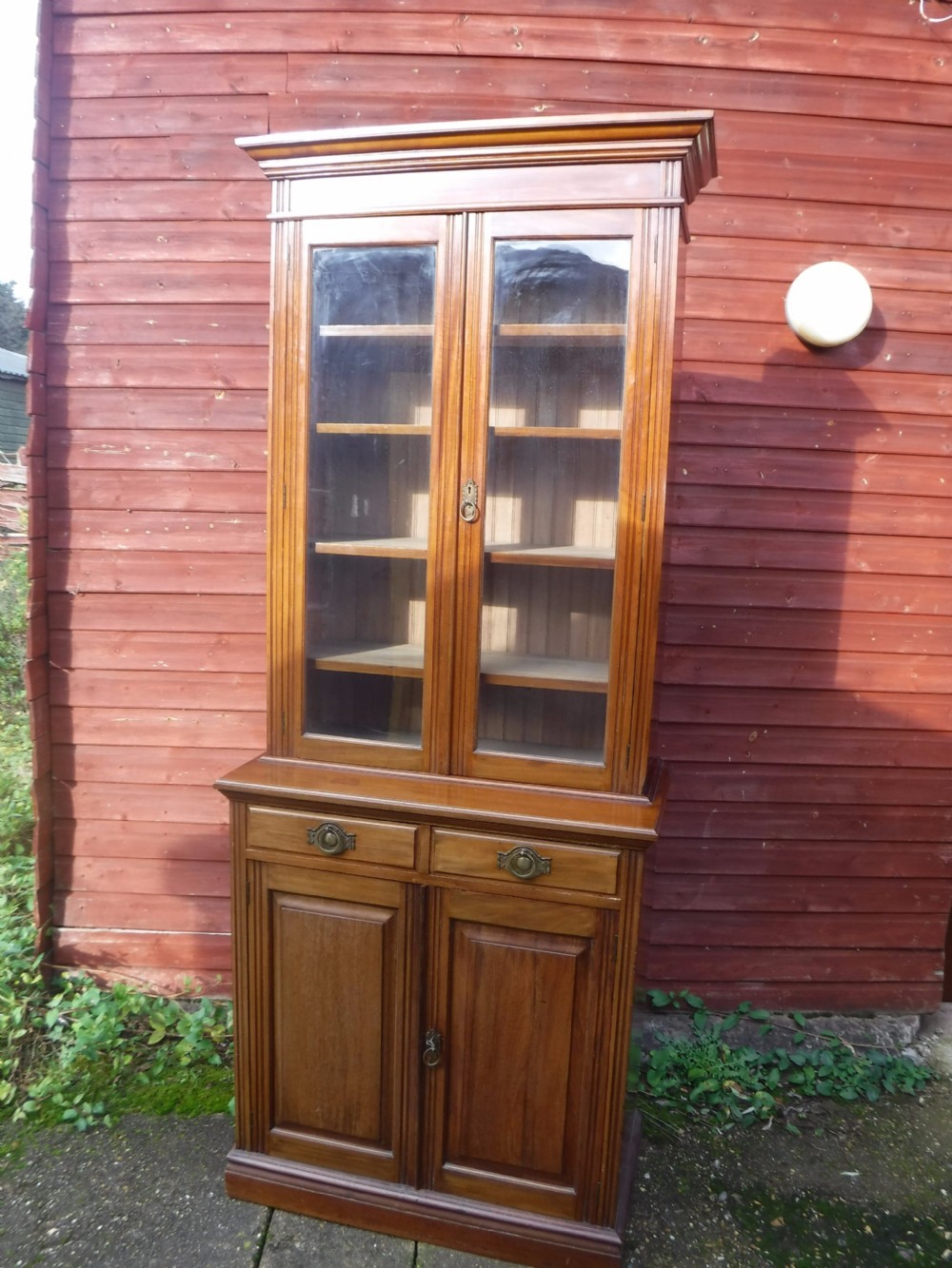 Heals of London walnut 2 part Edwardian bookcase cabinet View II