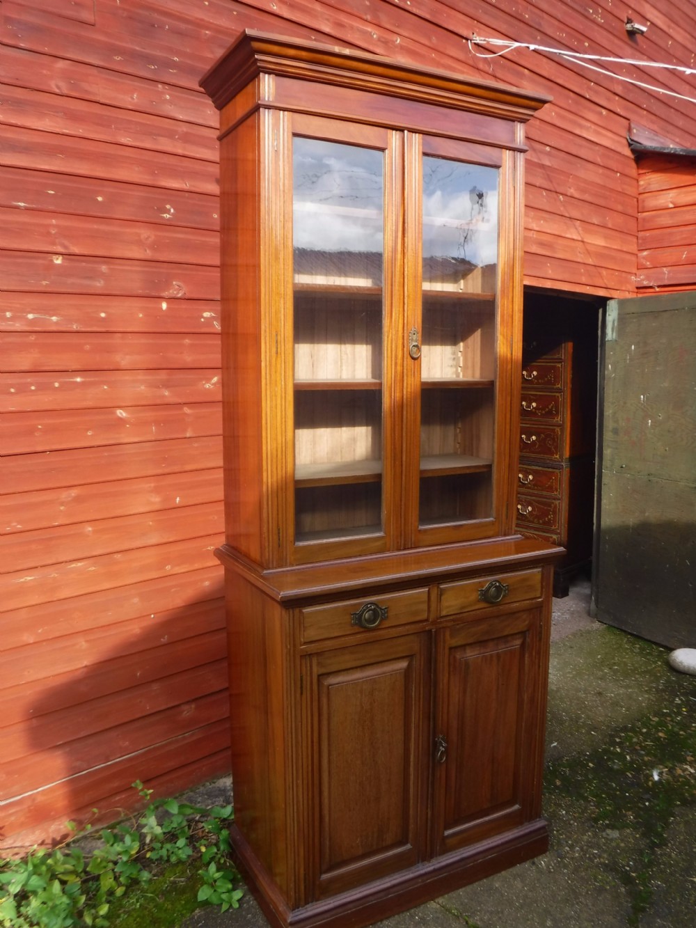 Heals of London walnut 2 part Edwardian bookcase cabinet View III