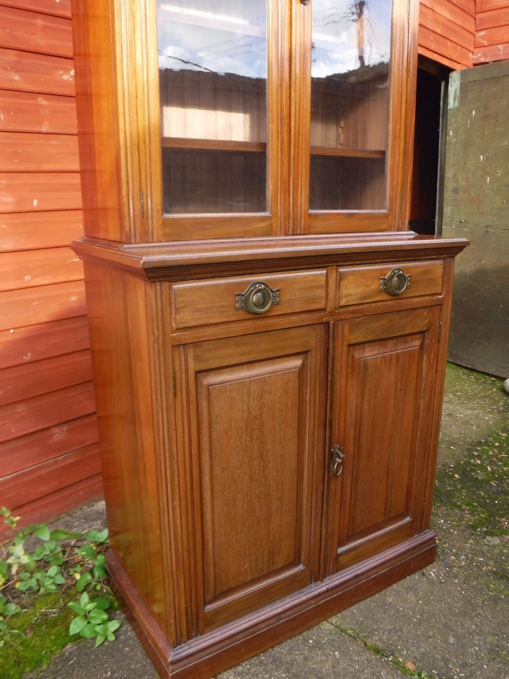 Heals of London walnut 2 part Edwardian bookcase cabinet View V