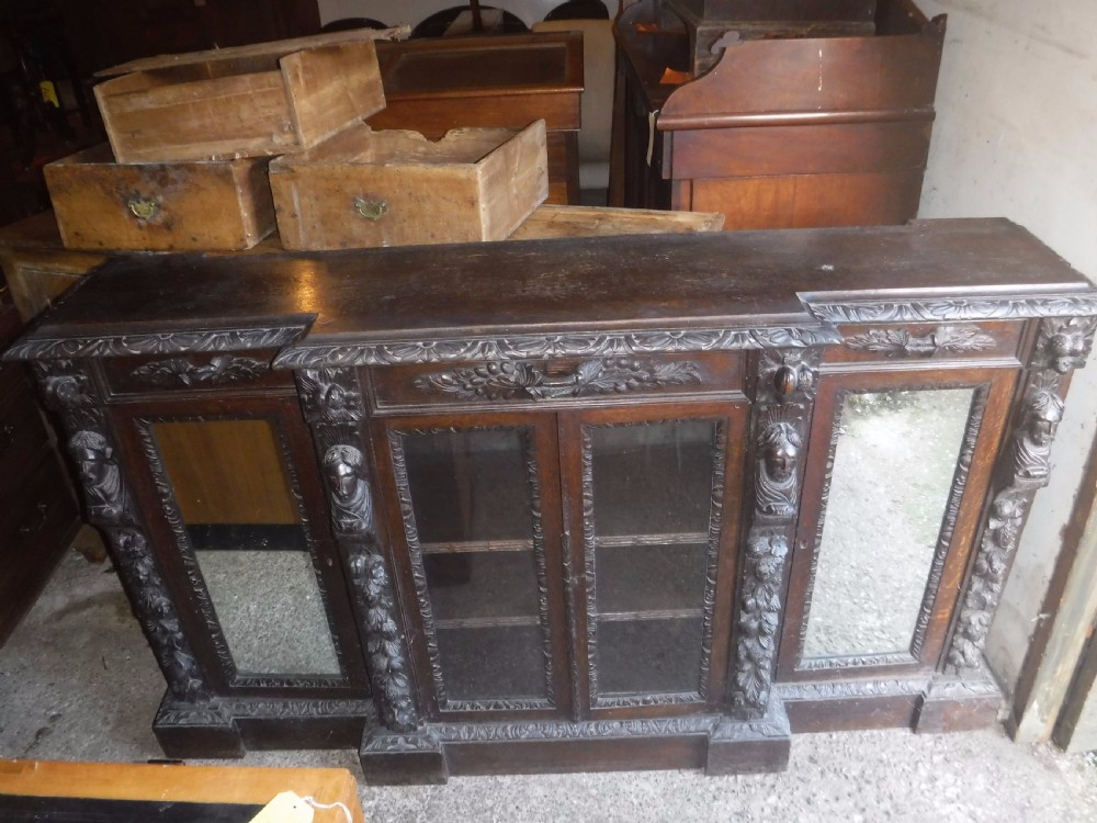 Victorian carved oak breakfront bookcase cabinet View II