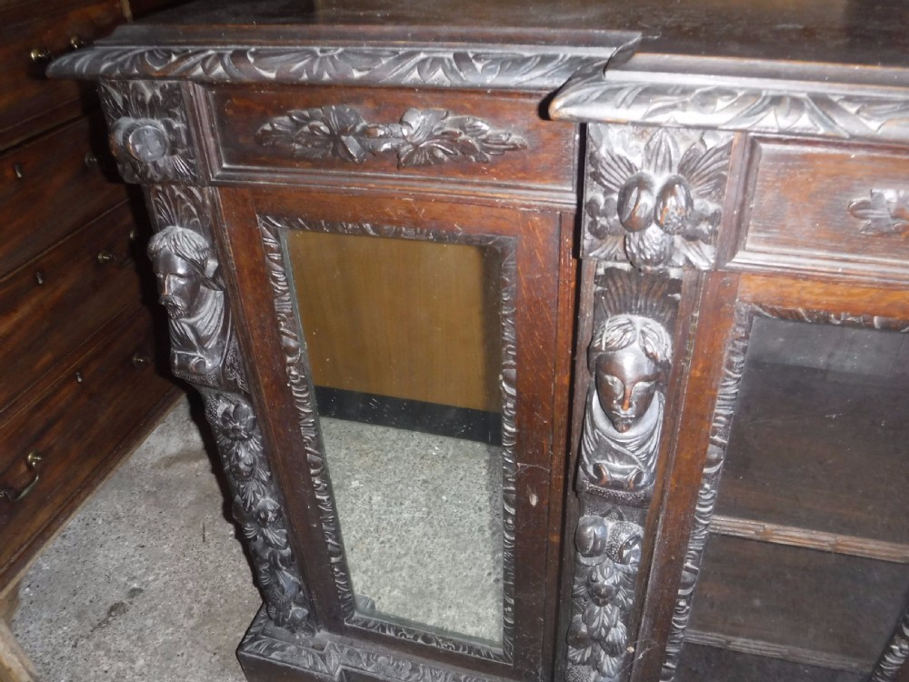 Victorian carved oak breakfront bookcase cabinet View III