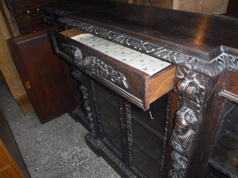 Victorian carved oak breakfront bookcase cabinet View VII