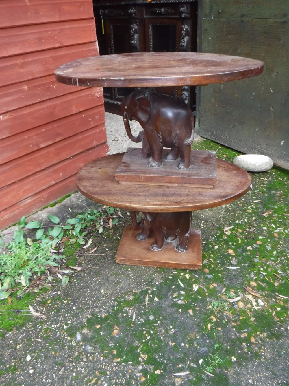 Pair of  teak carved elephant oval occasional tables View II