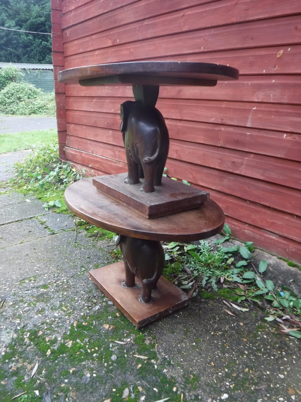 Pair of  teak carved elephant oval occasional tables View IV
