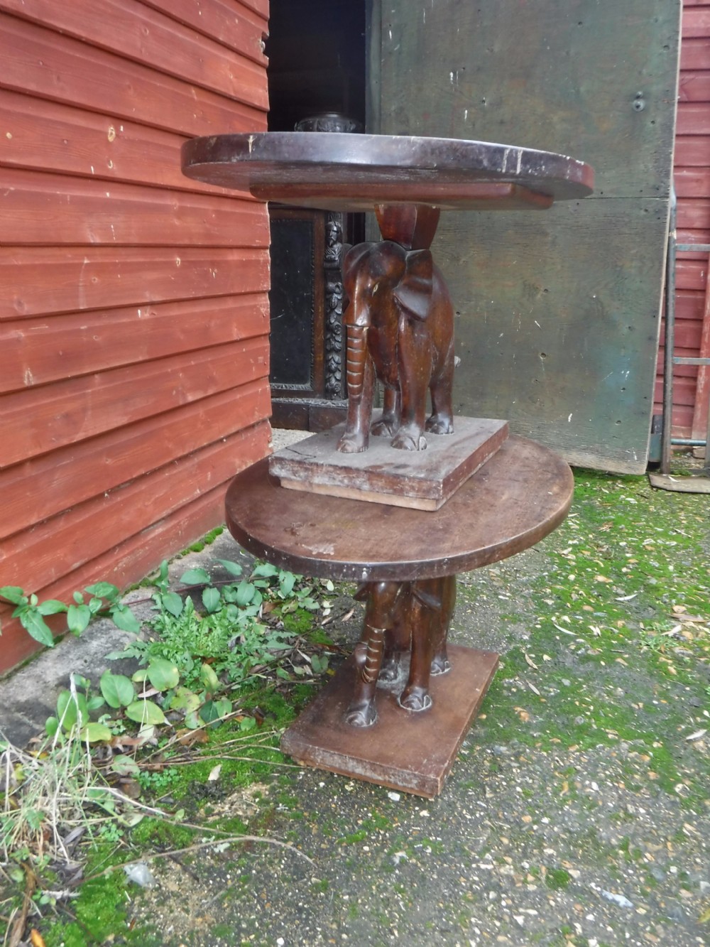 Pair of  teak carved elephant oval occasional tables View V