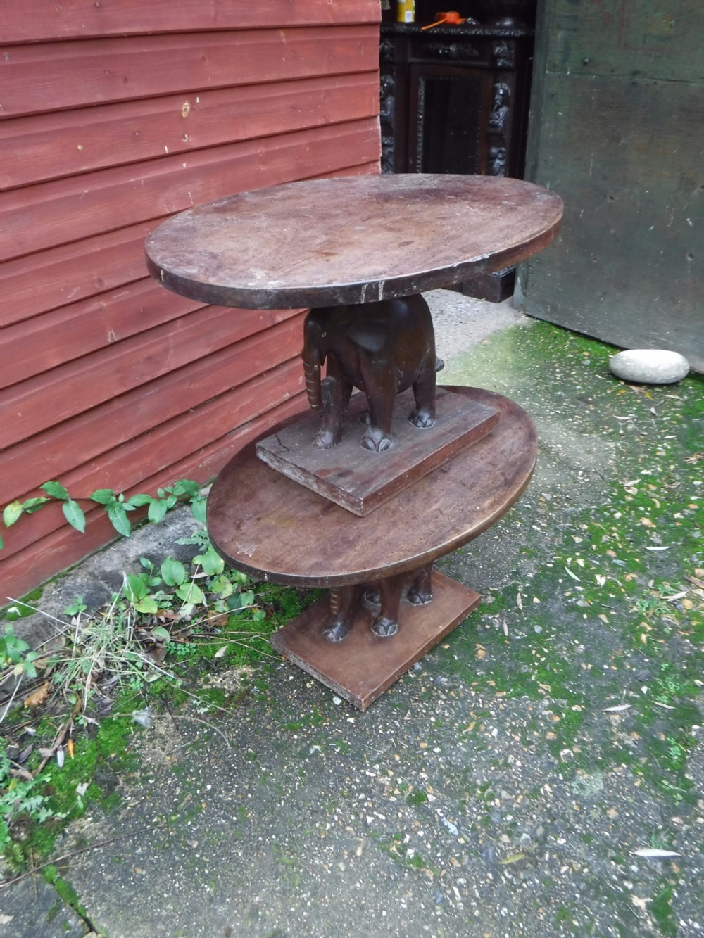 Pair of  teak carved elephant oval occasional tables View VI