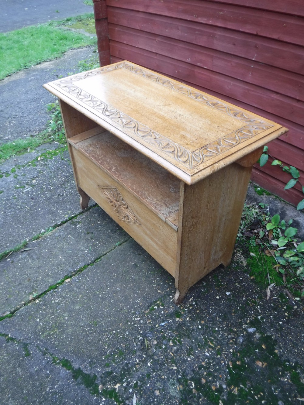 Edwardian light oak hall monks bench View II