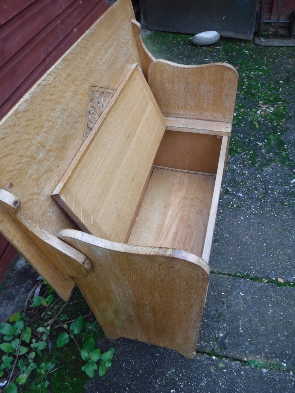 Edwardian light oak hall monks bench View III