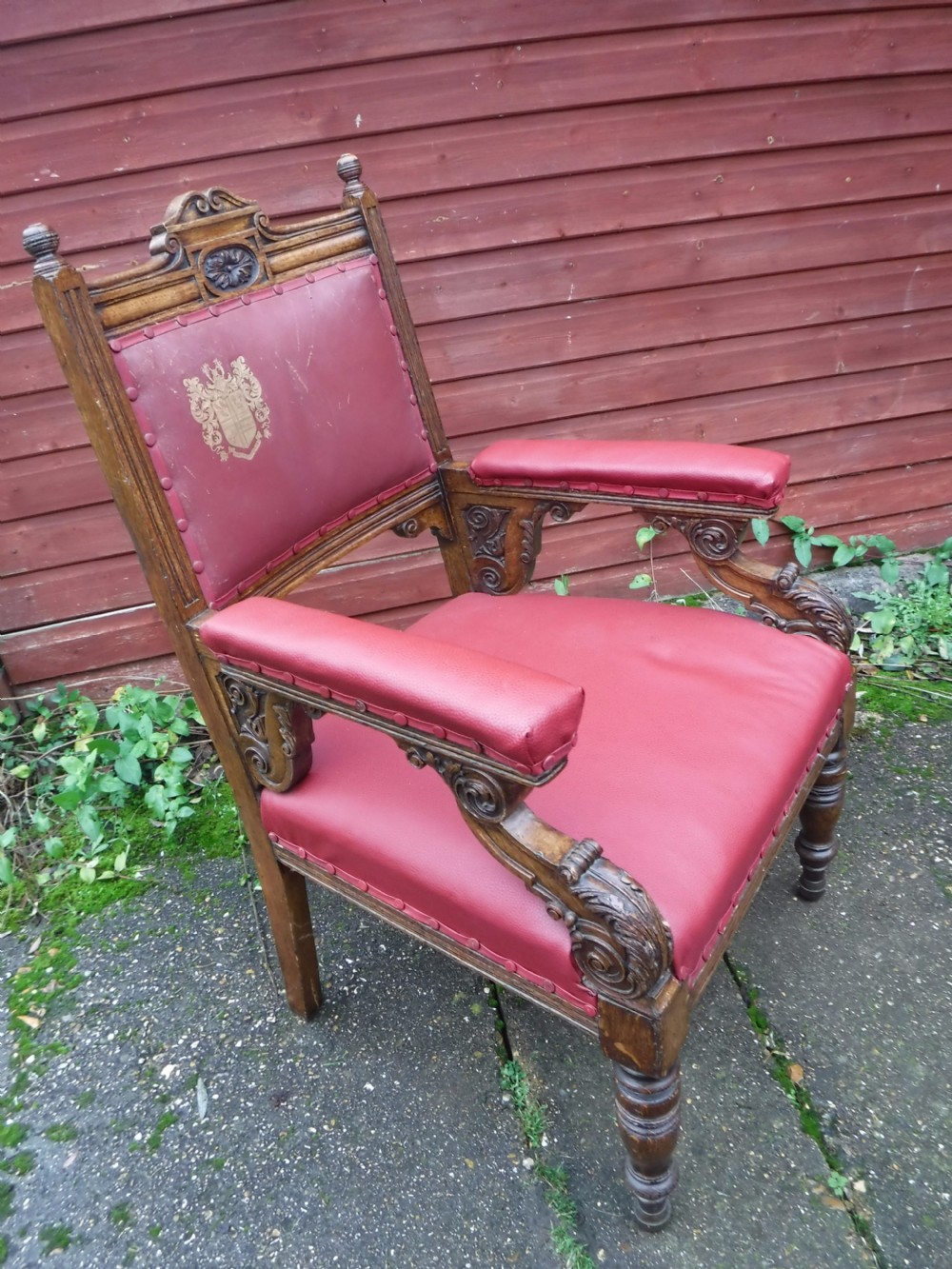 Large  oak frame  desk armchair with  coat of arms View VI