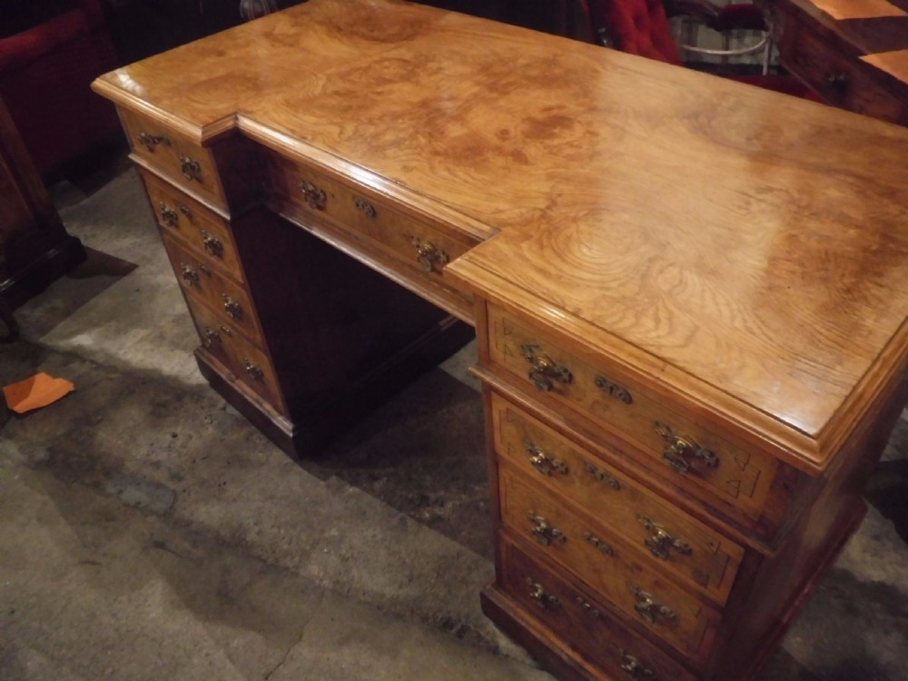 Good quality burr oak kneehole desk by Shapland and Petter View II