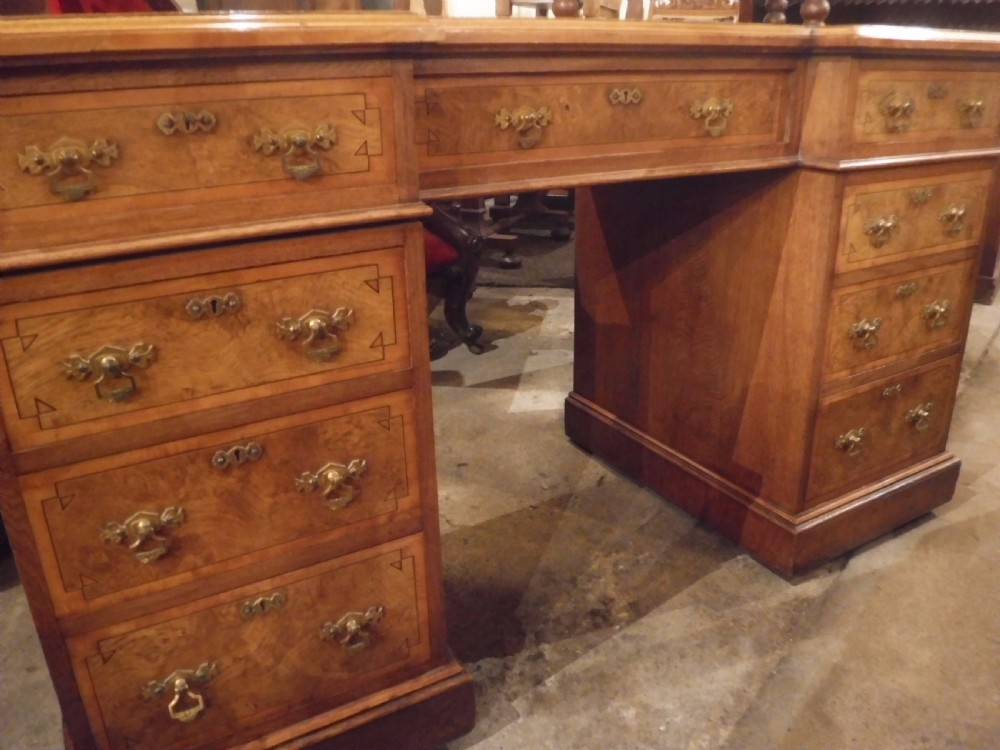 Good quality burr oak kneehole desk by Shapland and Petter View III
