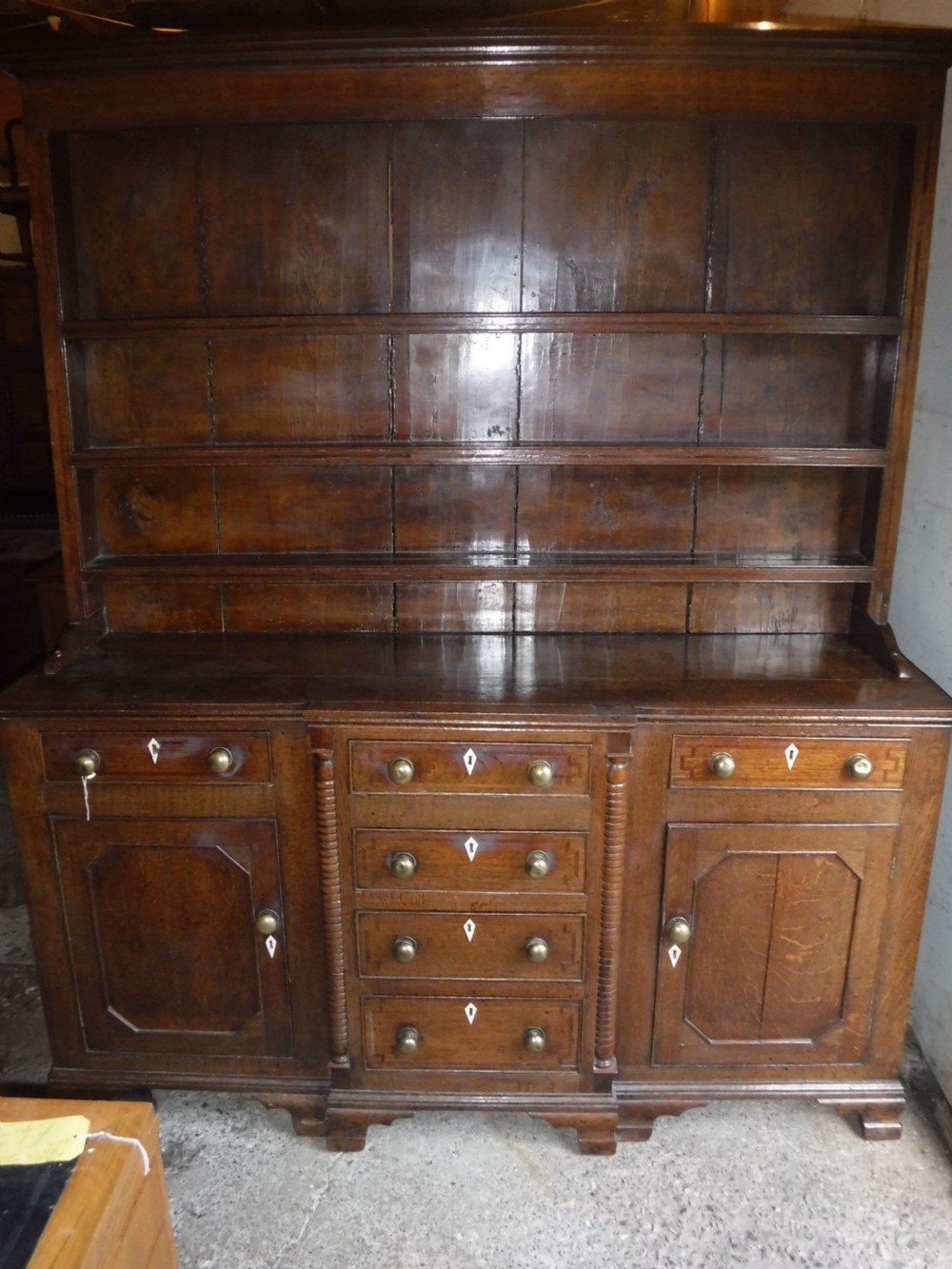 Early 19th century oak and inlaid 2 part dresser View II