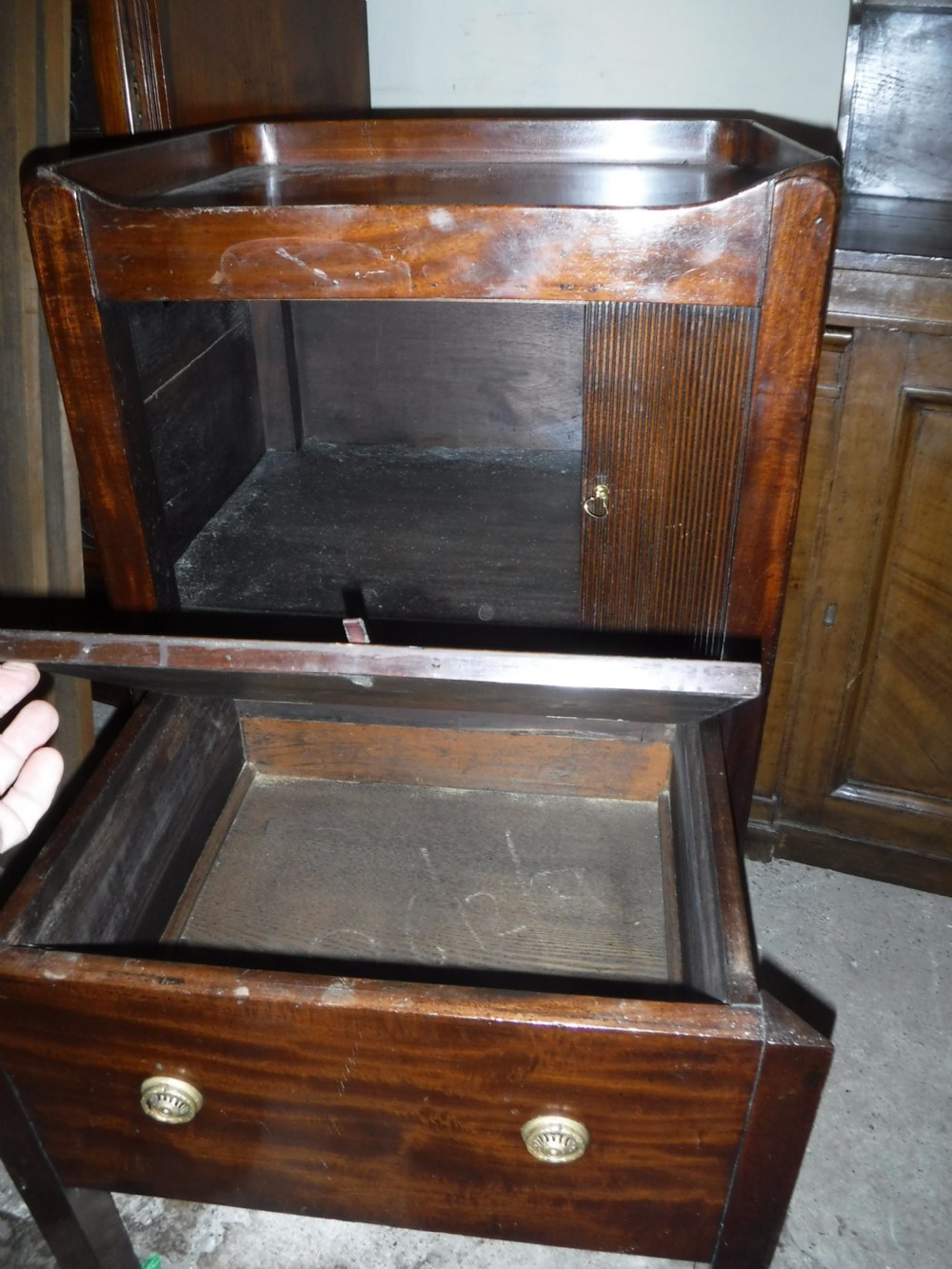 Late  Georgian mahogany tambour front bedside cabinet View II