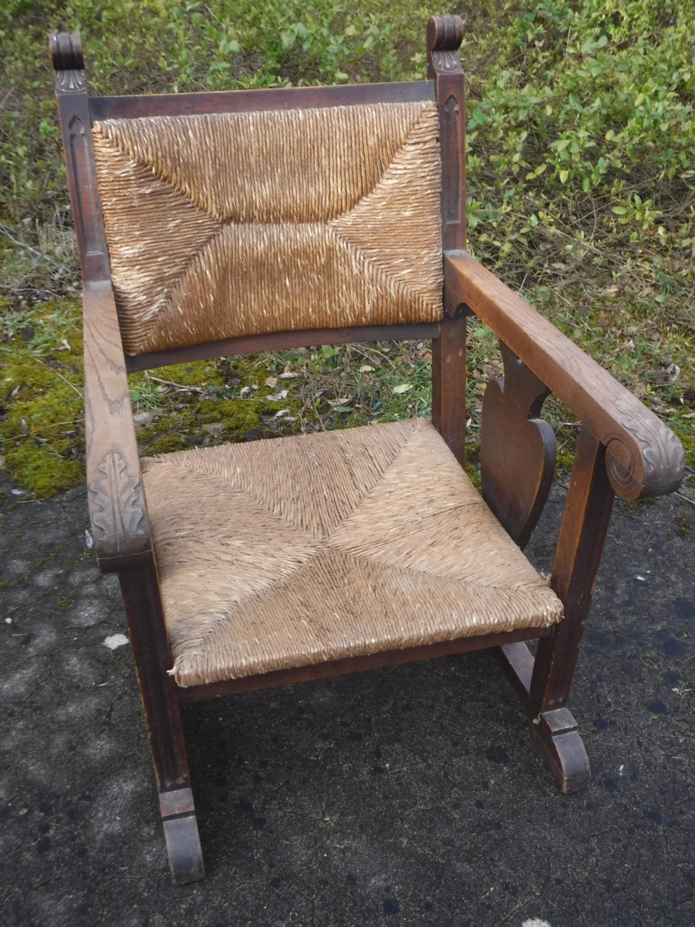 Unusual oak art and crafts rush seat armchair View III