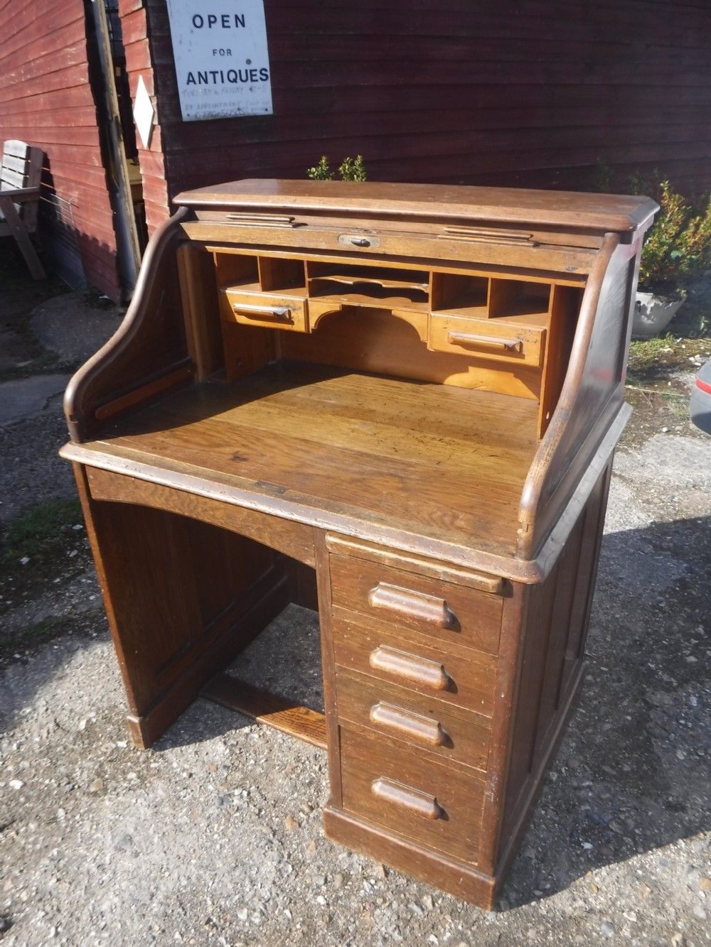 Early 20th century tambour top single pedestal desk