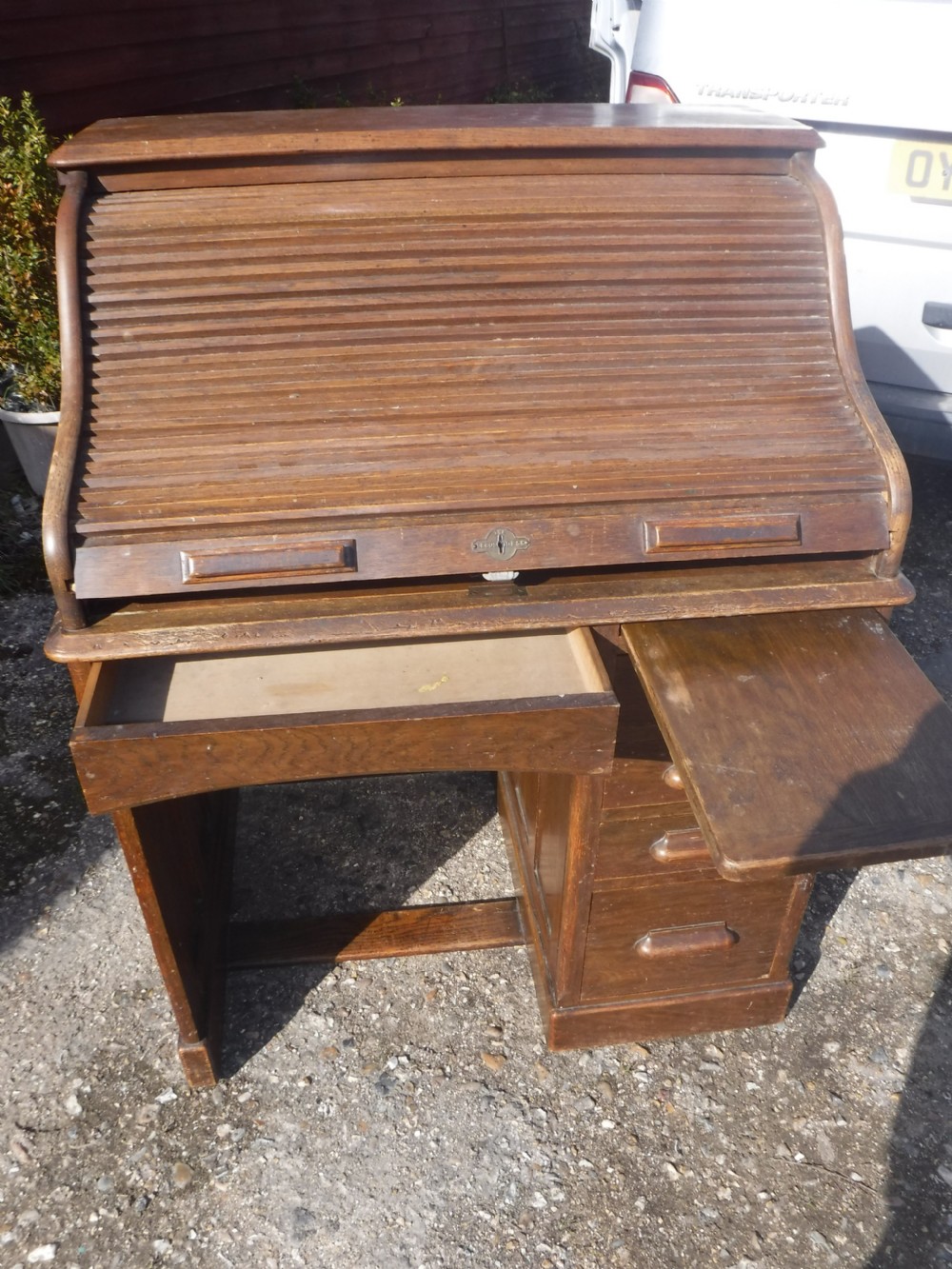 Early 20th century tambour top single pedestal desk View VII