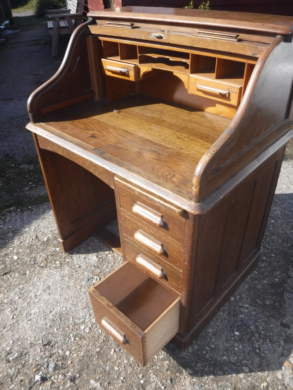 Early 20th century tambour top single pedestal desk View IX