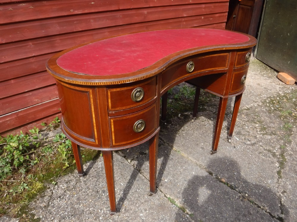 Edwardian inlaid mahogany kidney shaped writing desk