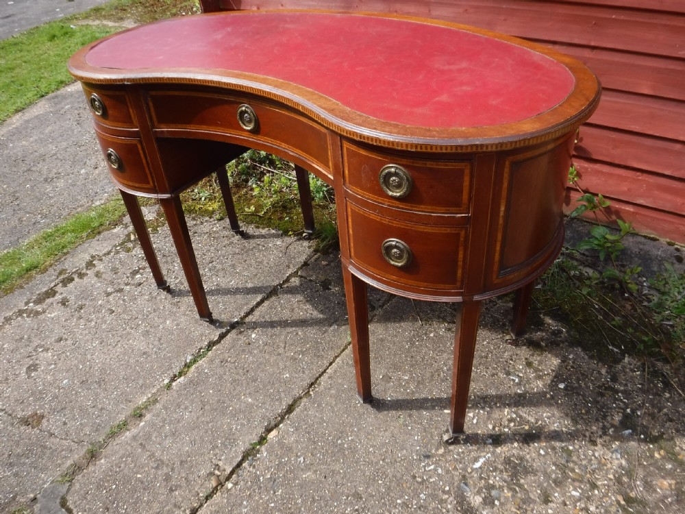 Edwardian inlaid mahogany kidney shaped writing desk View II