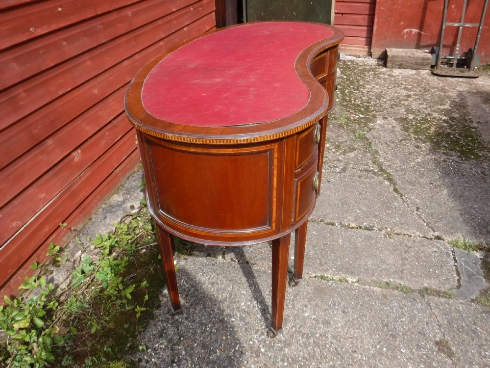 Edwardian inlaid mahogany kidney shaped writing desk View V