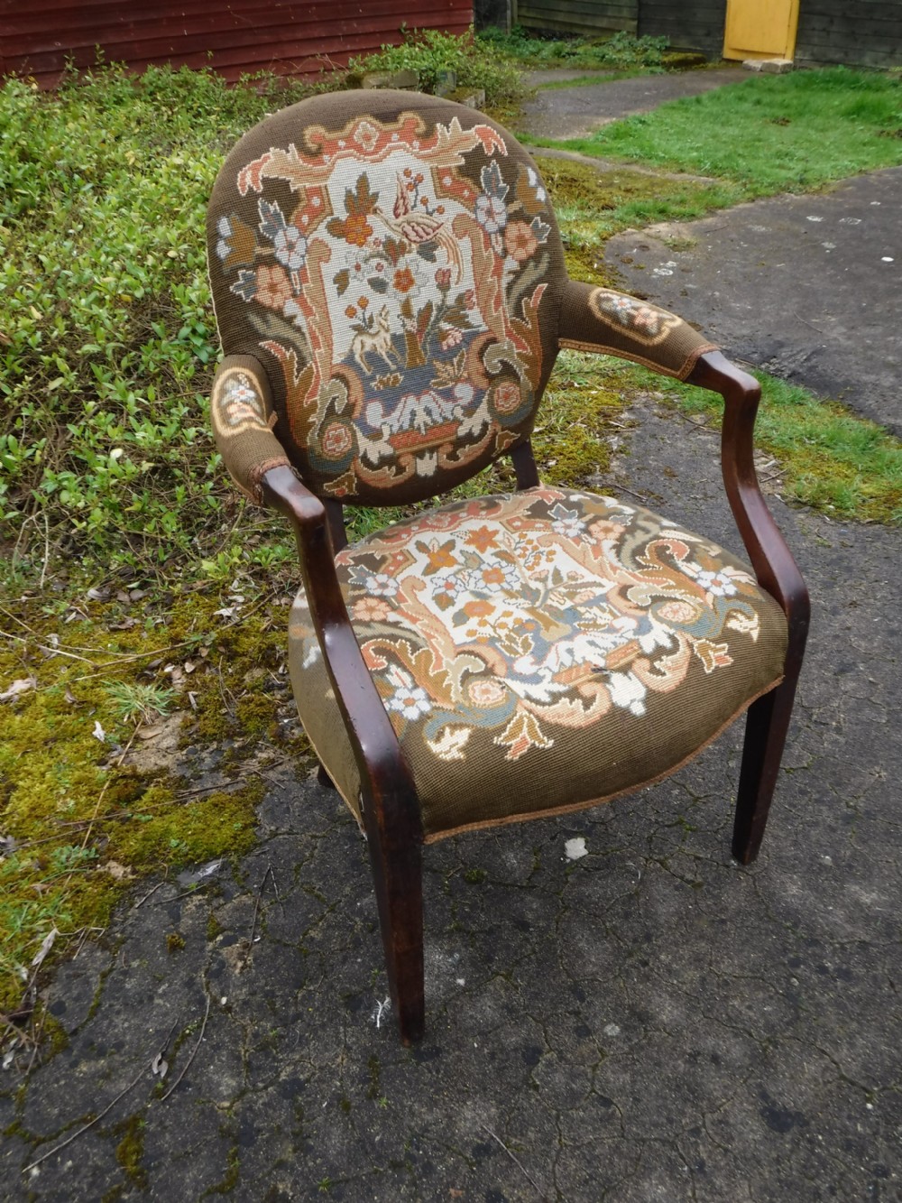 Mahogany desk armchair with needlework upholstery View II