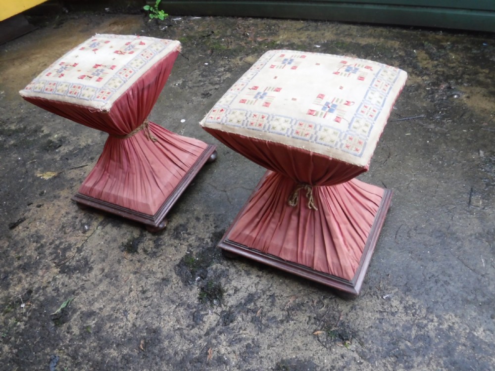 Pair of unusually  shaped early Victorian stools View II