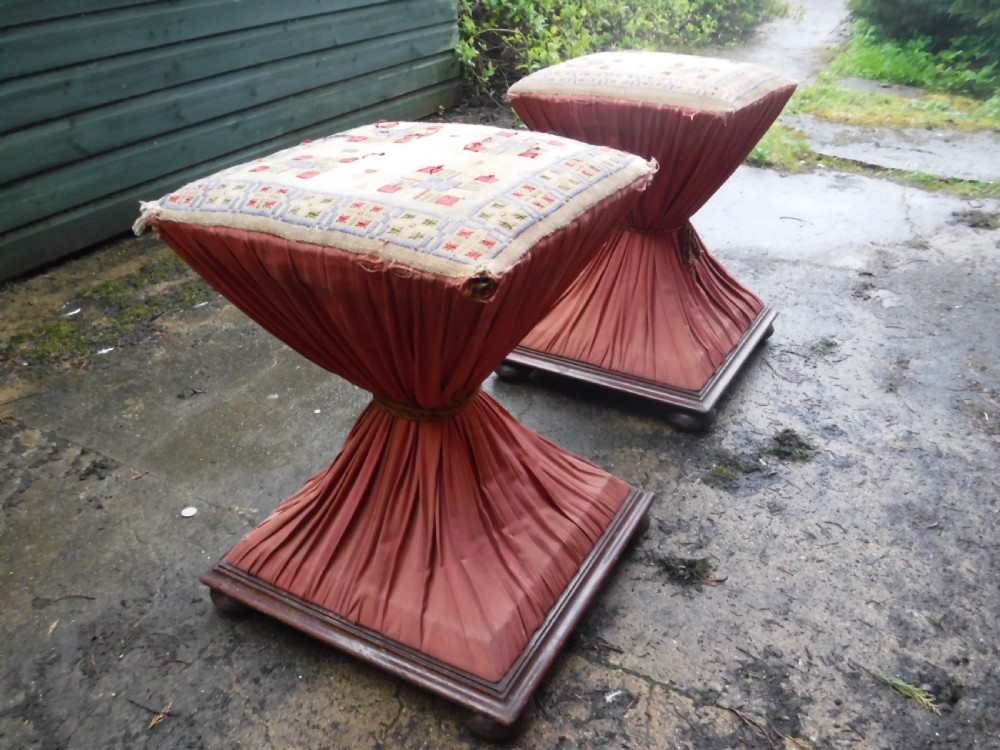 Pair of unusually  shaped early Victorian stools View III