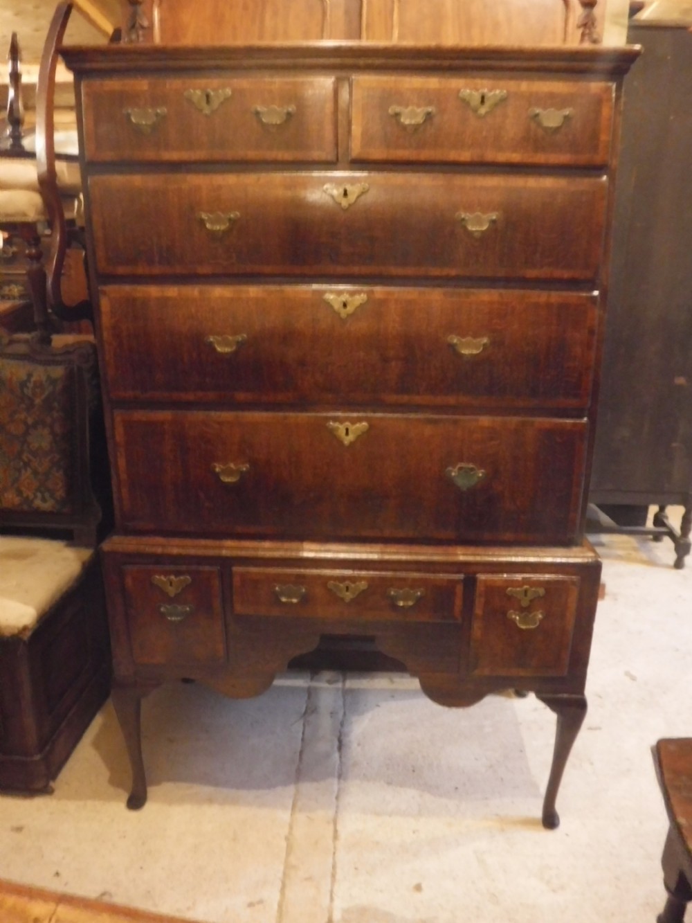 Early 18th century oak and banded chest on stand View II