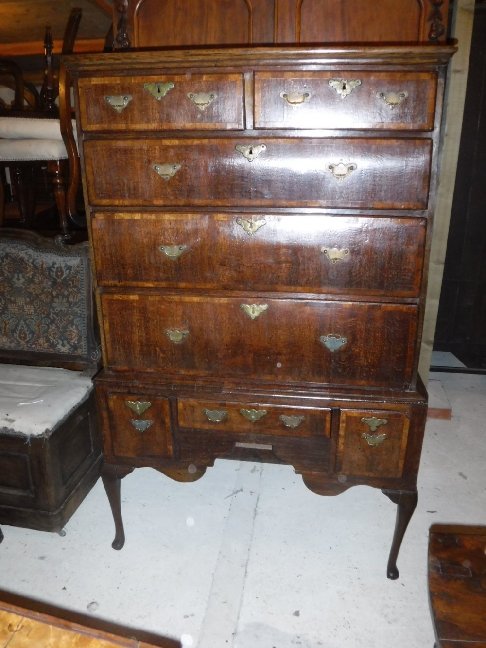 Early 18th century oak and banded chest on stand View III