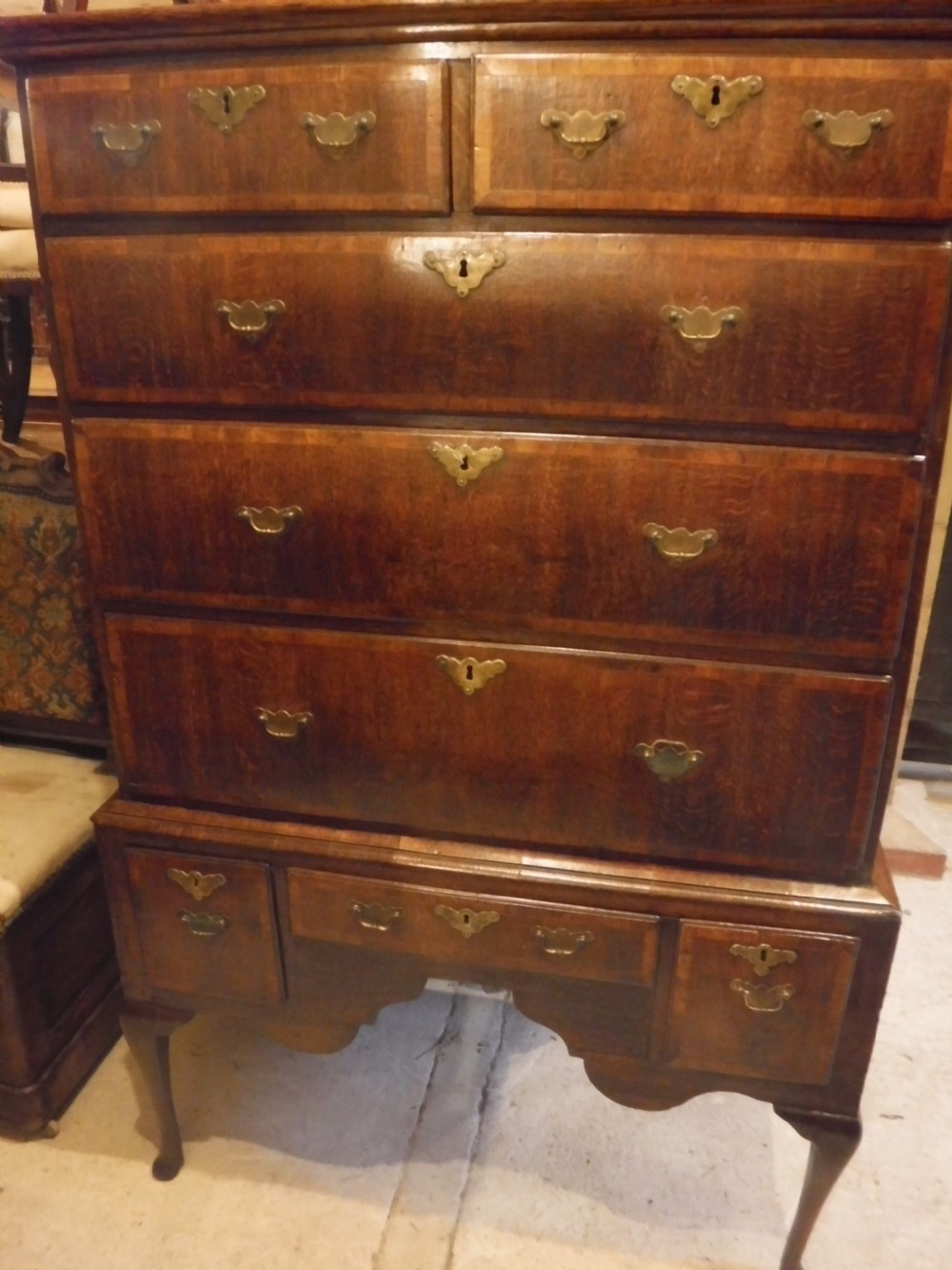 Early 18th century oak and banded chest on stand View IV