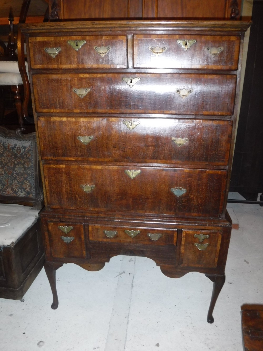 Early 18th century oak and banded chest on stand View X