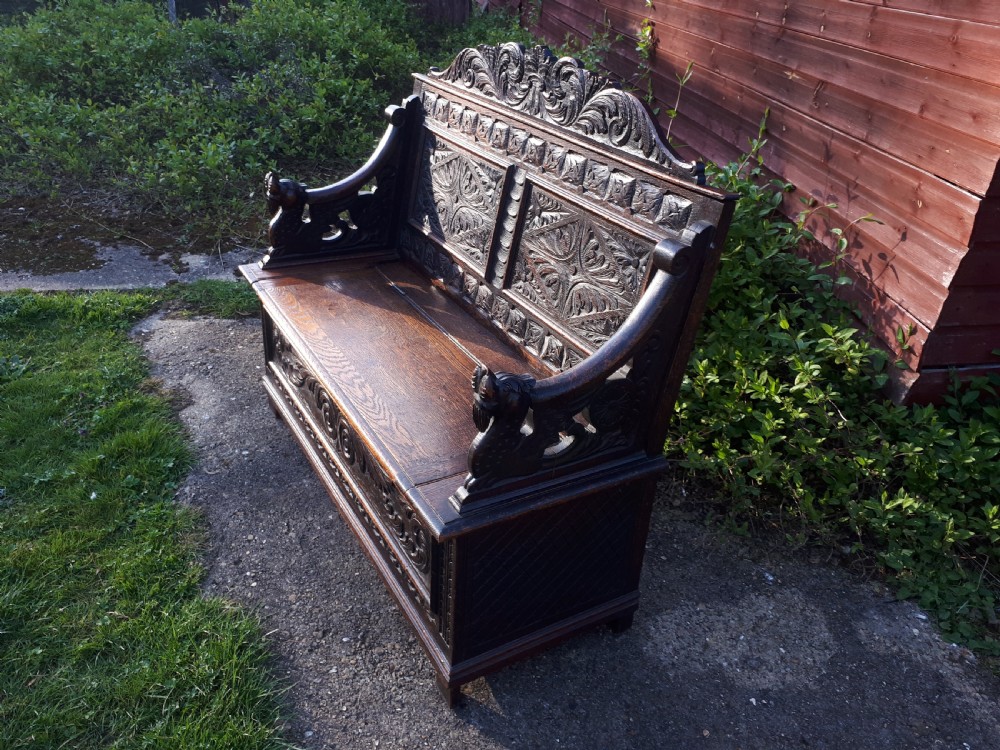Victorian carved oak hall seat View II