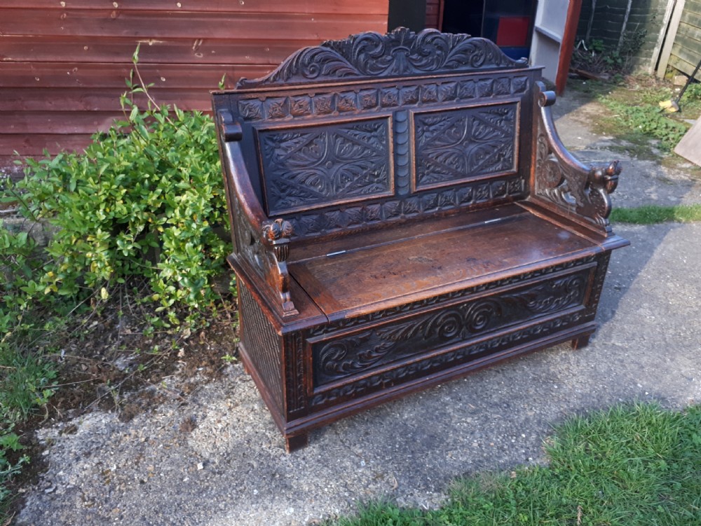 Victorian carved oak hall seat View III