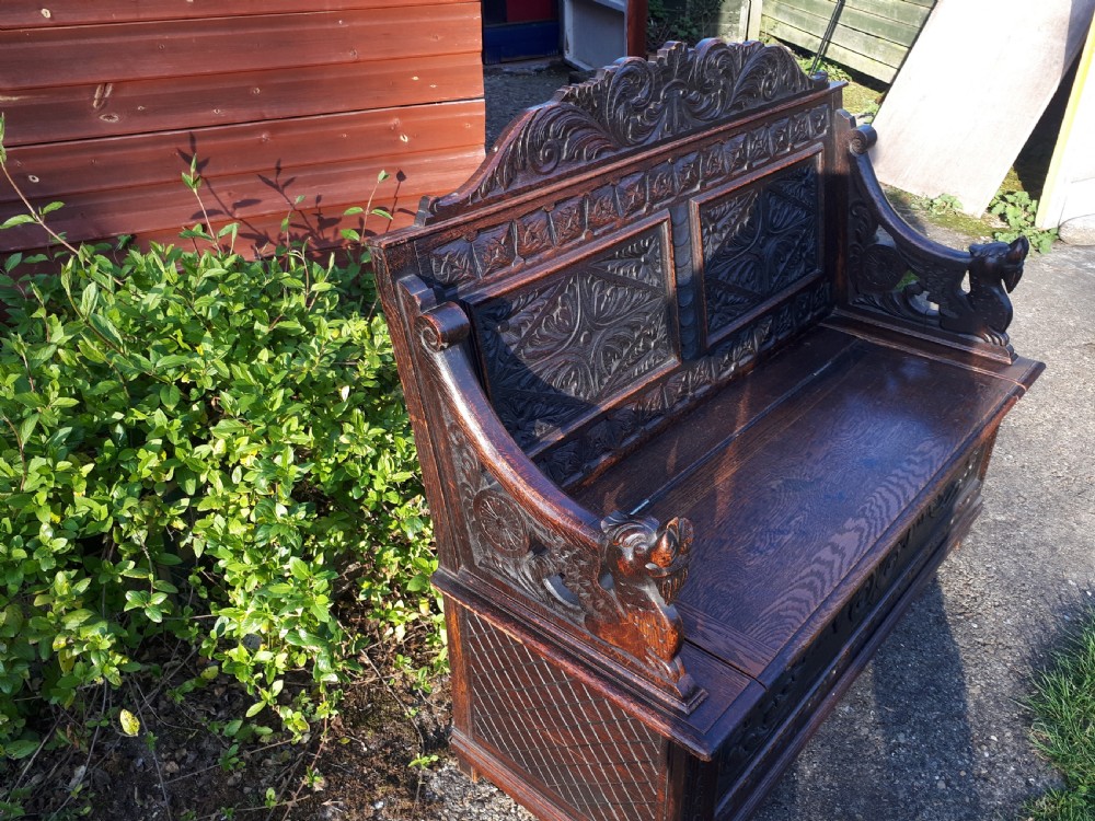 Victorian carved oak hall seat View IV