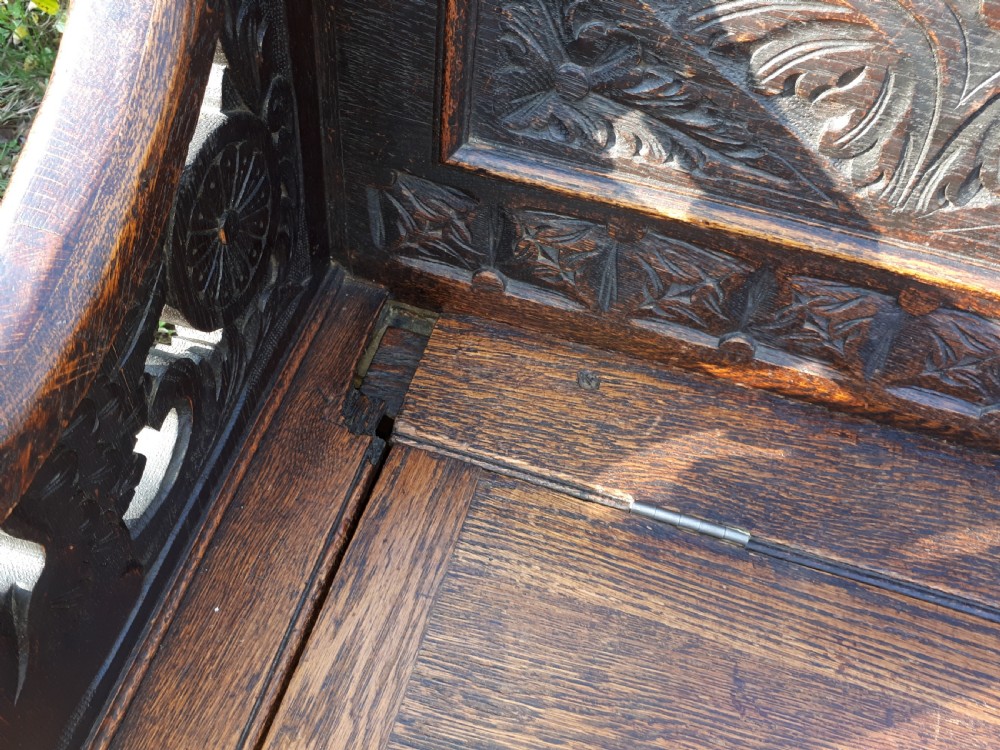 Victorian carved oak hall seat View V