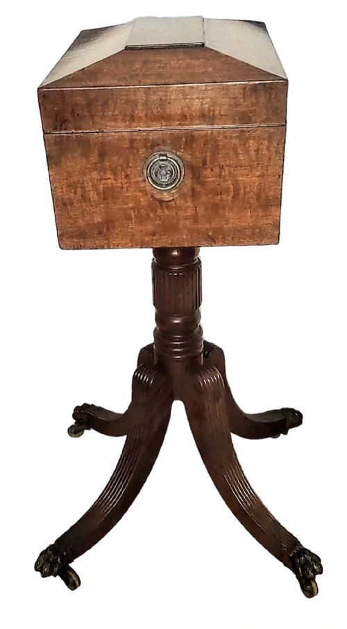 fig 1. An antique mahogany teapoy featuring a hinged sarcophagus-shaped top box elevated on a reeded central pedestal with splayed legs terminating in brass paw feet.