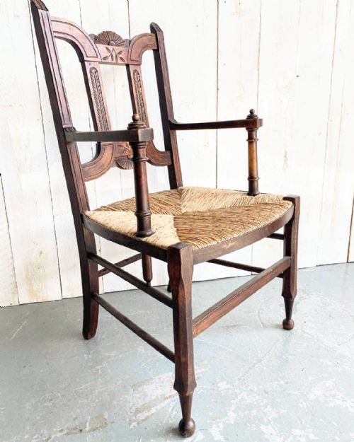 Antique Rush Seat Oak Armchair 