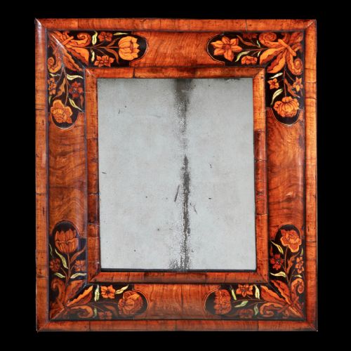 17th century william and mary figured walnut marquetry cushion mirror - CATEGORY: ANTIQUE MIRRORS - DATED 17TH CENTURY