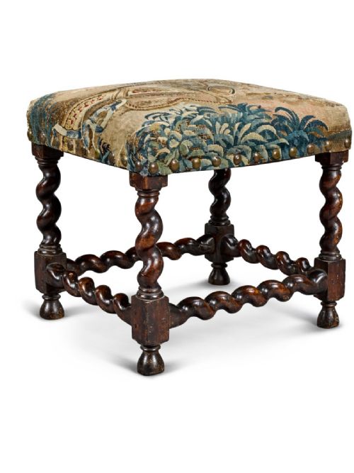 FINE 17TH CENTURY BARLEY OR SOLOMONIC TWIST BAROQUE WALNUT STOOL WITH PERIOD TAPESTRY - ADDITIONAL PHOTO 2