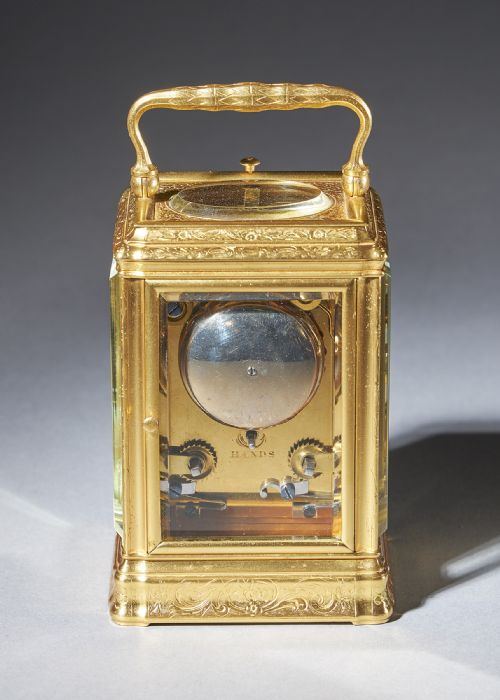 19TH CENTURY GILTBRASS ENGRAVED GORGE CASE STRIKING AND REPEATING CARRIAGE CLOCK - ADDITIONAL PHOTO 2